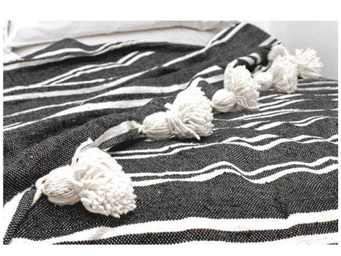 Black with White Stripes Pom Pom Blanket - Assouirri