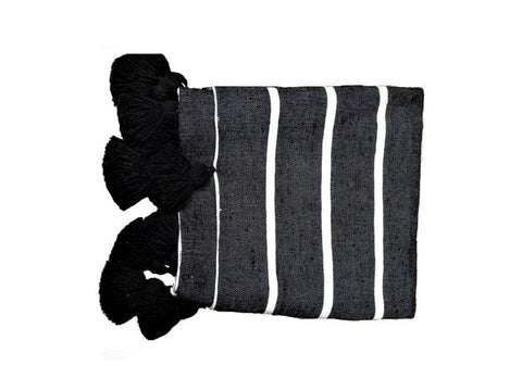 Black with White Stripes Pom Blanket - Blankets | Moroccan Corridor