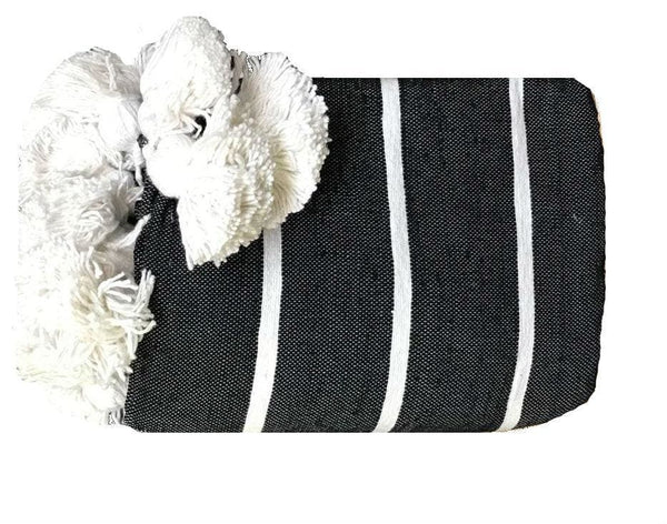 Black with White Stripes and White Pom Poms Blanket - Moroccan Corridor