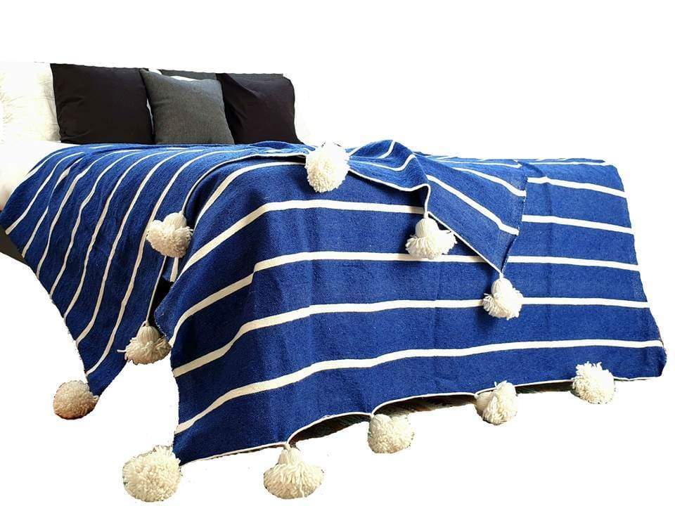 Blue with White Stripes Pom Blanket - Blankets | Moroccan Corridor