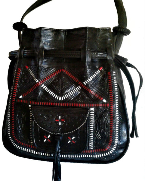 Bohemian Morocco Leather Bag - Embroidered - Black - Heritage Tote | Moroccan Corridor