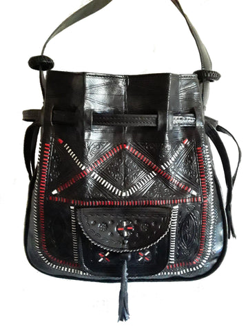 Bohemian Morocco Leather Bag - Embroidered - Black - Heritage Tote | Moroccan Corridor®