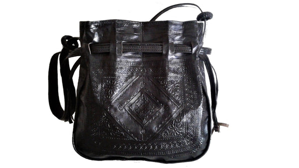 Bohemian Morocco Leather Bag - Embroidered - Black - Heritage Tote | Moroccan Corridor®