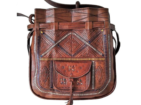 Bohemian Morocco Leather Bag - Embroidered - Caramel - Heritage Tote | Moroccan Corridor
