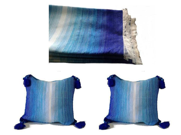 Chefchaouen Blanket with two Tassel Pillows - Blue Sky - Moroccan Corridor
