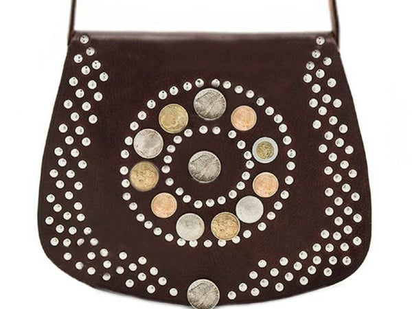 Coins Adorned Leather Bag - Stellar - Brown - Moroccan Corridor