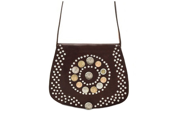 Coins Adorned Leather Bag - Stellar - Brown - Moroccan Corridor