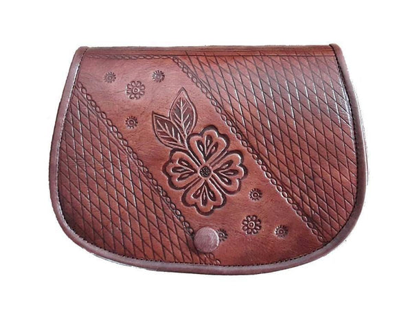 Floral Leather Shoulder Bag - Embossed - Small - Brown