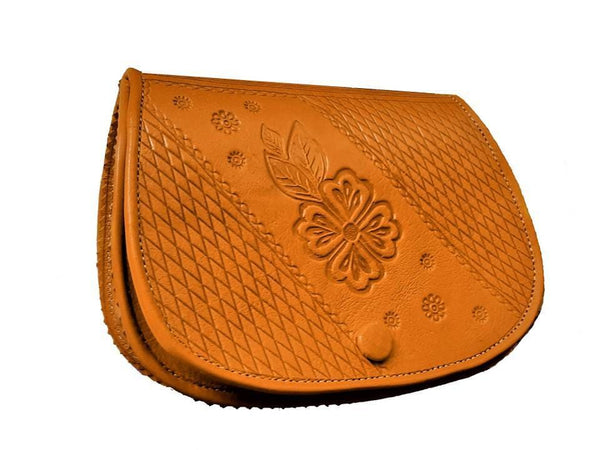 Floral Leather Shoulder Bag - Embossed - Small - Orange