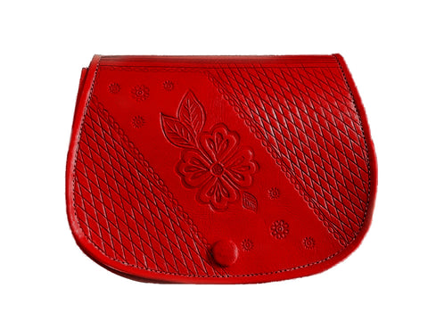 Floral Leather Shoulder Bag - Embossed - Small - Red