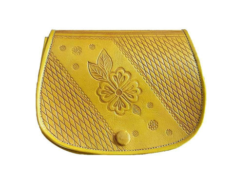 Floral Leather Shoulder Bag - Embossed - Small - Yellow