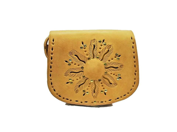 Floral Leather Shoulder Bag - Yellow - Small