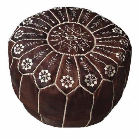 Moroccan Leather Ottoman - Dark Oil Tanned - Flowers