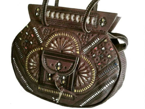 Boho Bag - Flower of Tetouan - Brown Moroccan Handmade Leather bag with Yellow Embroderies