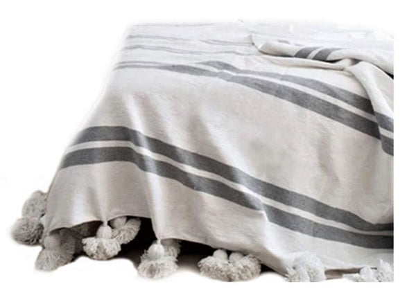 Copy of Gray with White Stripes Pom Pom Blanket - Large Stripes - Assouirri