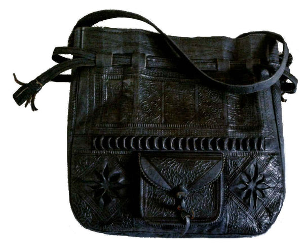 Moroccan Handmade Genuine Leather Bag - Heritage Tote Bucket Bag - Black