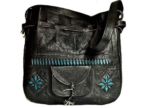 Moroccan Handmade Genuine Leather Bag - Heritage Tote Bucket Bag - Black with Turquoise Stars