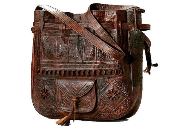 Moroccan Handmade Genuine Leather Bag - Heritage Tote Bucket Bag - Brown
