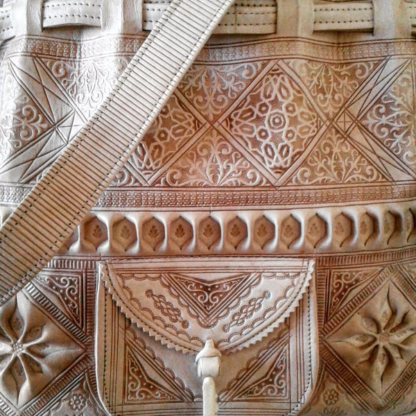 Moroccan Handmade Genuine Leather Bag - Heritage Tote Bucket Bag - Natural - Tiles Pattern - Leather Work