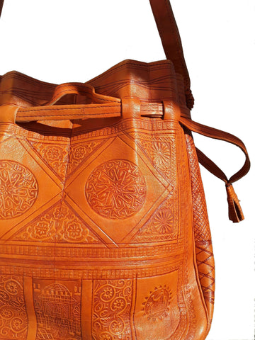 Moroccan Handmade Genuine Leather Bag - Heritage Tote Bucket Bag - Orange - Rear View - Leather Work