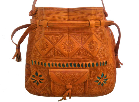 Moroccan Handmade Genuine Leather Bag - Heritage Tote Bucket Bag - Orange