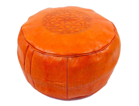 Moroccan Leather Ottoman - Orange Tabouret Pouf