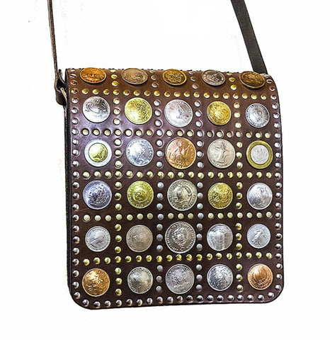 Coins Adorned Leather Bag - Water Man - Brown