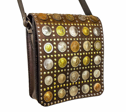 Coins Adorned Leather Bag - Water Man - Brown