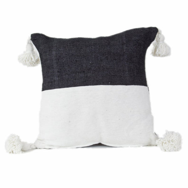 Moroccan PomPom Pillow Cover - Half White / Black - Blanco Y Negro
