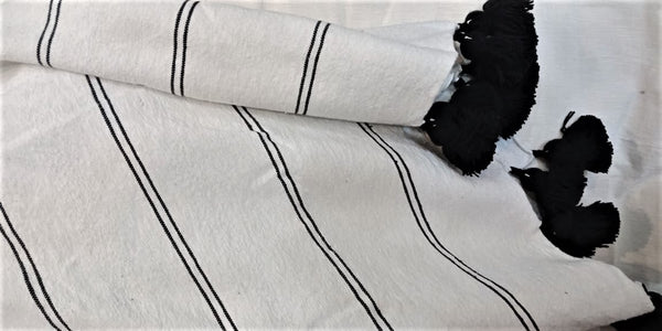 White with double Black Stripes Pom Blanket - Souss
