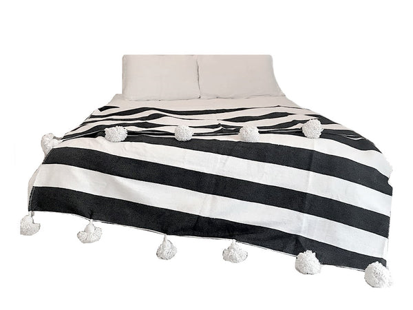 Black with Large White Stripes Pom Blanket - Atlas