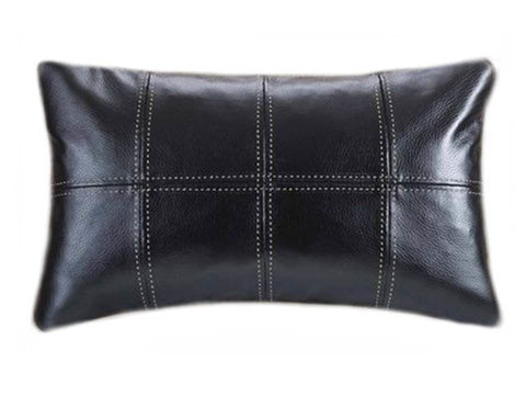 Leather Pillow Cover - Lumbar - Black - 8 Squares - Moroccan Corridor