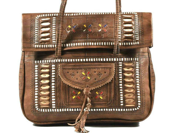 Chekkara - Embroidered - Brown Caramel - Heritage Tote Bag | Moroccan Corridor