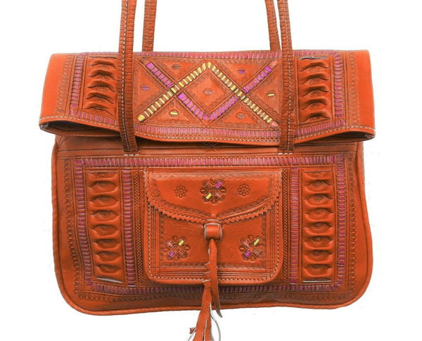 Leather Tote Bag - Chkara - Embroidered - Orange