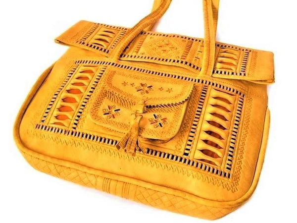 Leather Tote Bag - Chkara - Embroidered - Yellow - Moroccan Corridor