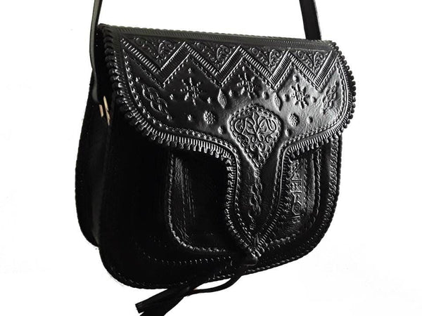 Moroccan Bag - Lssan Handbag / Shoulder Bag - Large Size Black Mono Color - Heart | Moroccan Corridor