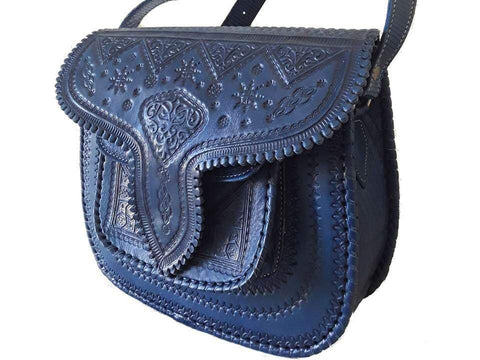 Moroccan Bag - Lssan Handbag / Shoulder Bag - Large Size - Dark Blue Mono Color - Heart | Moroccan Corridor