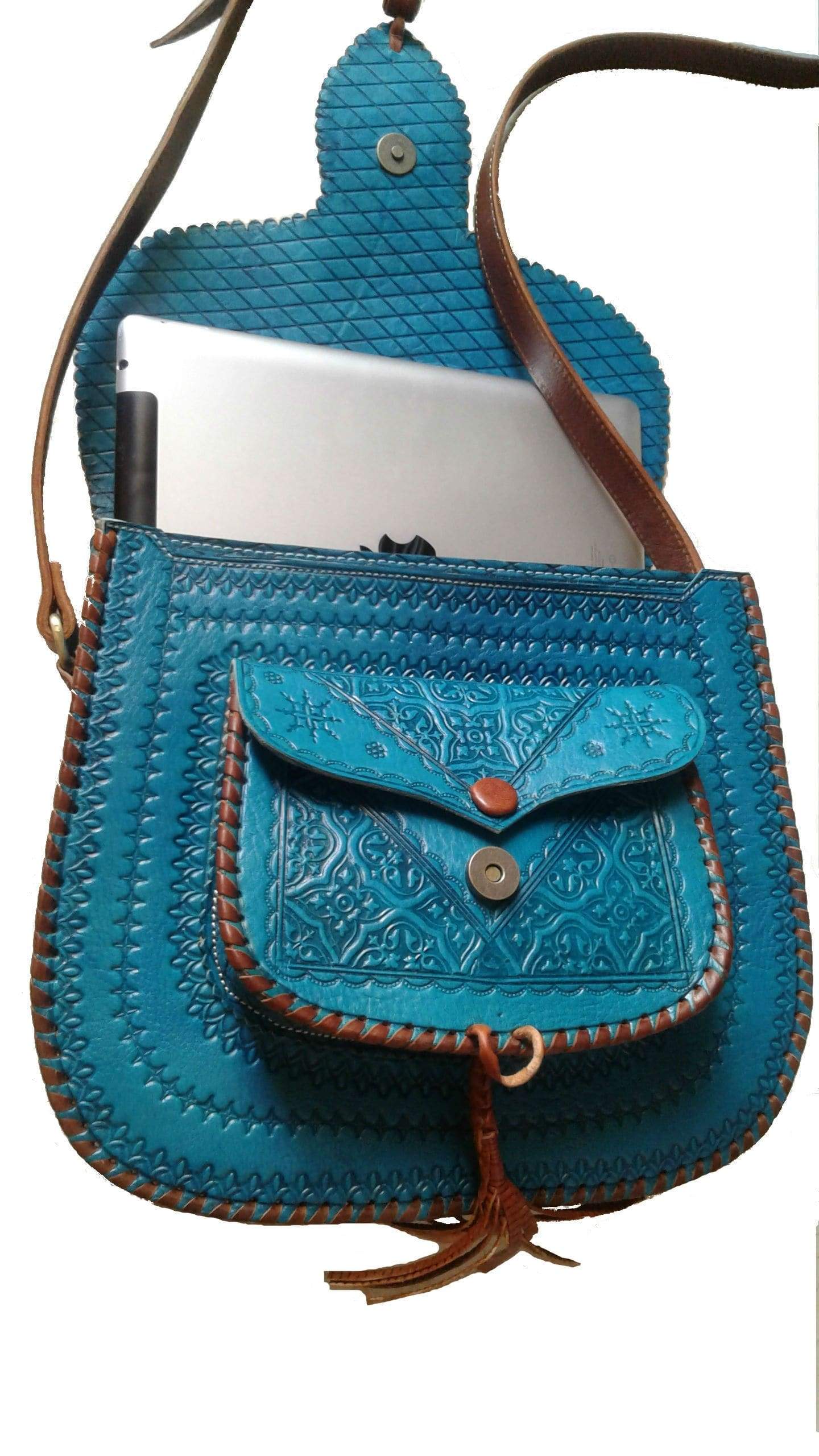 Lssan Handbag - Large Size - Turquoise - Heart - Lssan Shoulder | Moroccan Corridor