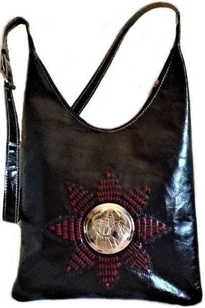 Médaillon Leather Tote Bag - M'dina - Black with Red Threads - Moroccan Corridor