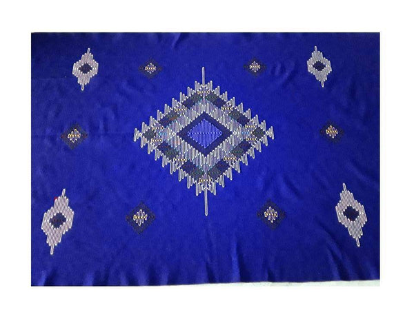 Moroccan Blanket - Wool Embroidered - Ocean Blanket/Rug - Blue