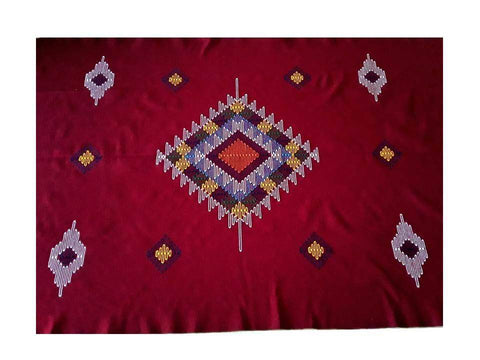 Moroccan Blanket - Wool Embroidered - Sun Blanket/Rug - Red