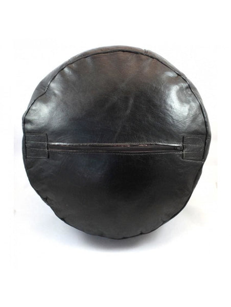 Moroccan Leather Pouf - Black - Round Embossed - Moroccan Corridor