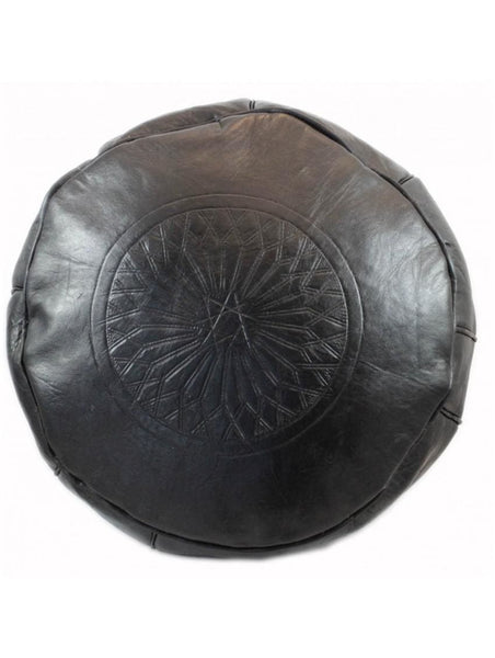Moroccan Leather Pouf - Black - Round Embossed - Moroccan Corridor