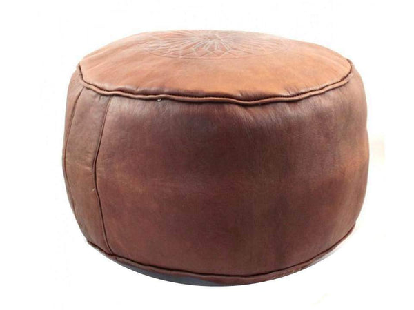 Moroccan Leather Pouf - Brown - Round Embossed - By Moroccan Corridor