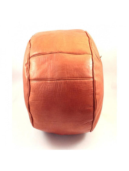 Moroccan Leather Pouf - Orange - Round Embossed - Moroccan Corridor