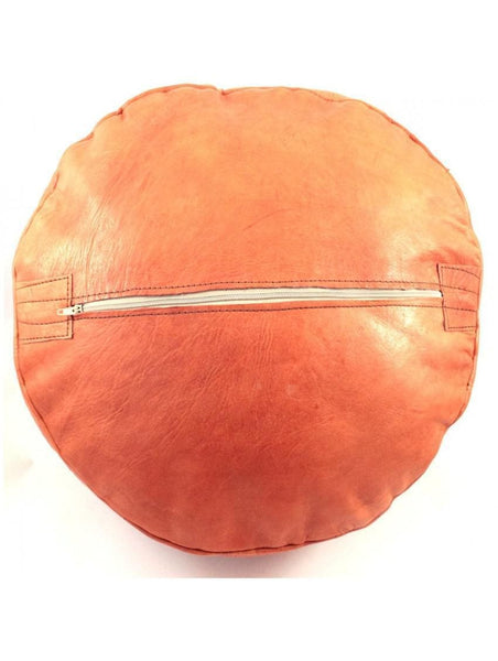 Moroccan Leather Pouf - Orange - Round Embossed - Moroccan Corridor