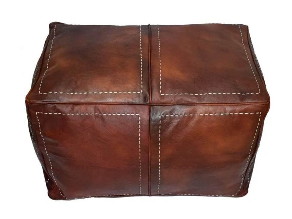 Beautiful Square Moroccan Leather Pouf, Brown