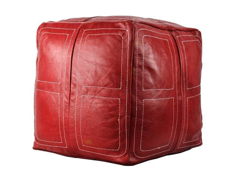 Moroccan Leather Pouf / Ottoman - Square - Red - Chama