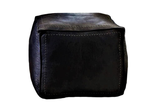 Moroccan Leather Pouf / Ottoman - Square - Black - Sylia