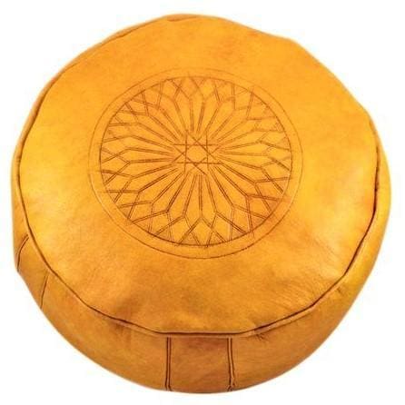 Moroccan Leather Pouf - Yellow - Round Embossed - Moroccan Corridor
